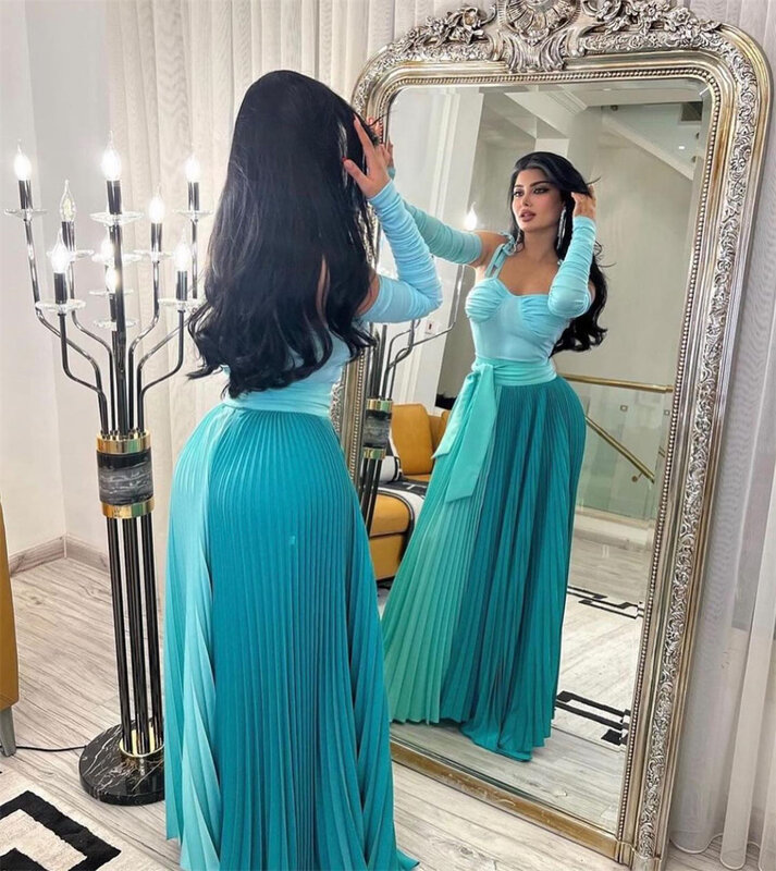 Prom Dresses Fashion Spaghetti Strap Party Dress Floor Length Off the Shoulder Long Sleeve Chiffon Ruched Formal Evening Gowns