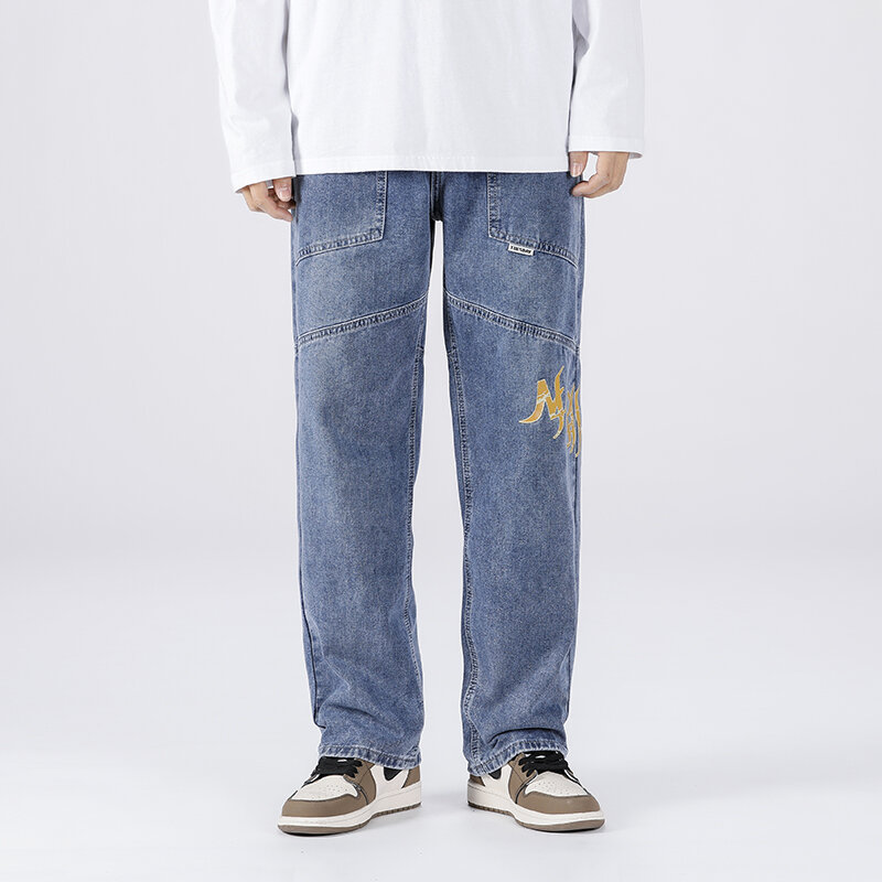 Neutralne wysokiej jakości Pantalones Hombre workowate luźne dżinsy z szeroką nogawką męskie spodnie Streetwear popularnej marki spodnie Casual Solid Biker