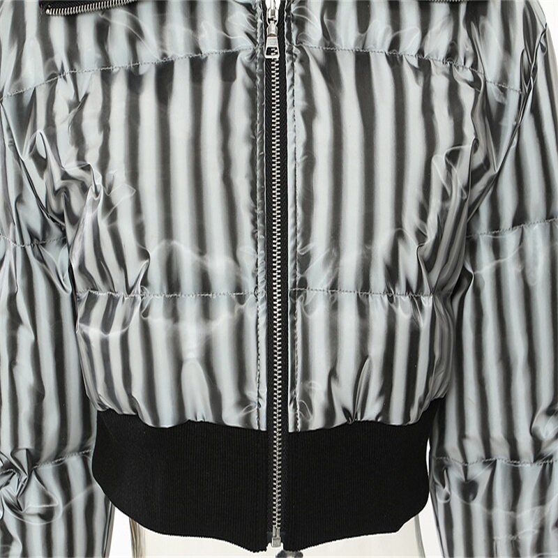 Abrigo de algodón con solapa grande a rayas para mujer, chaqueta acolchada de cintura ajustada, elegante abrigo corto de manga larga negro, nuevo diseño en Stock