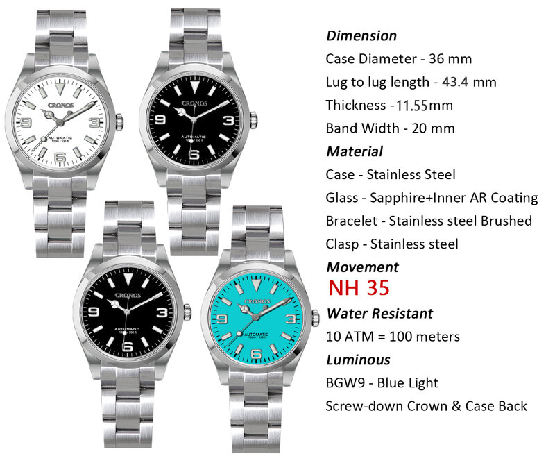 Cronos Relógios Masculinos de Luxo, Explorar Série de Escalada, Relógio Esportivo Casais, Relógio Mecânico Automático Unisex, 36mm, 10Bar, Moda