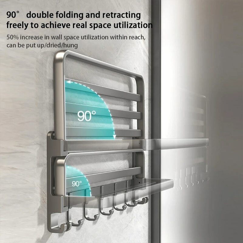 WY008-3 Składany 24-calowy wieszak na ręczniki z uchwytem na drążek Półka Ruchome haczyki Odporny na rdzę uchwyt ścienny do przechowywania ręczników do łazienki