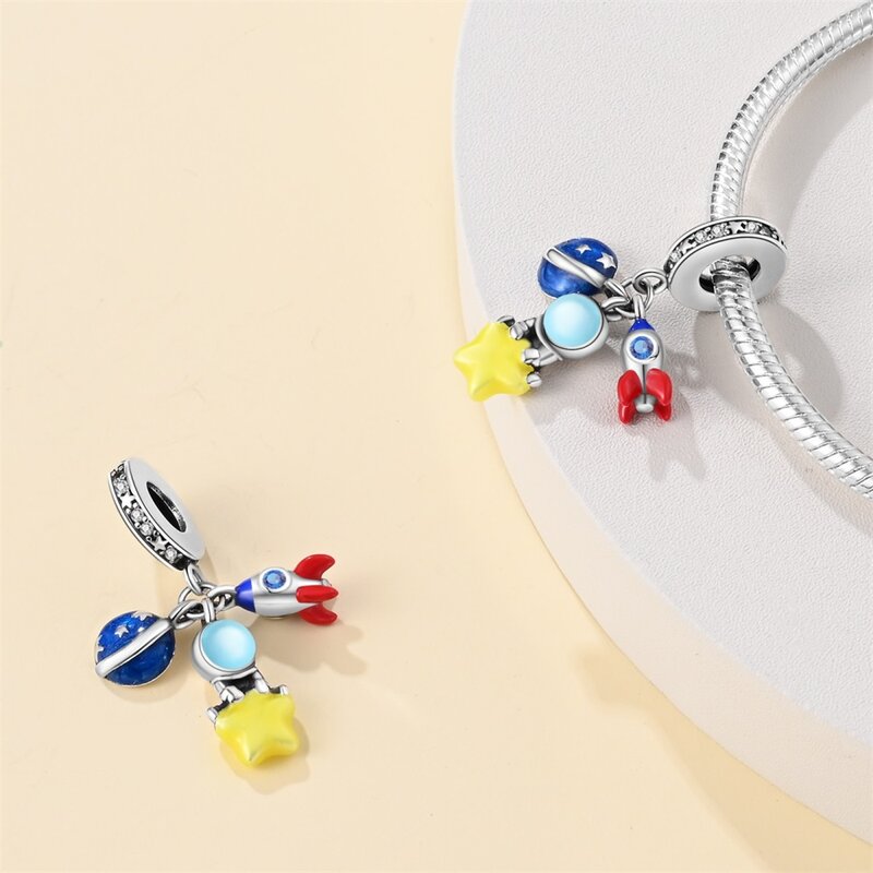 Fashionable 925 Sterling Silver Star Earth Rocket Three Piece Set Charm Fit Pandora Bracelet Women's Airport Jewelry Accessories