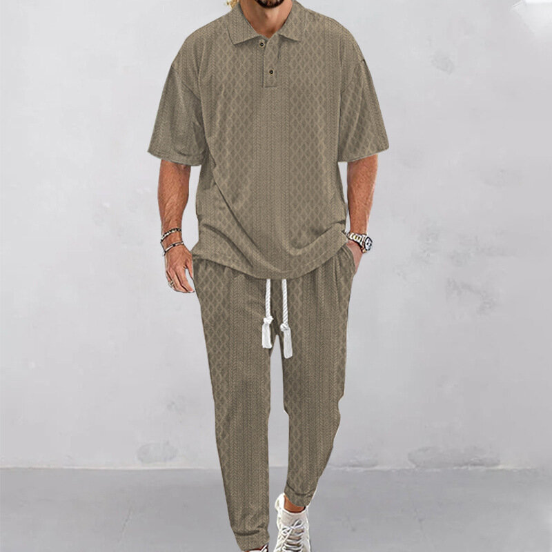 Conjunto de dos piezas para hombre, camiseta y pantalones de Polo de manga corta, holgados, a la moda, Color sólido, informal, verano, novedad