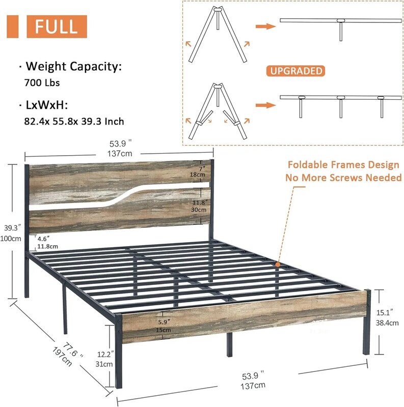 Full Size Platform Bed Frame Met Houten Hoofdeinde, Sterke Metalen Latten Ondersteunen Matras Fundering, Geen Boxspring Nodig