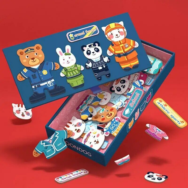 Puzzles magnéticos para crianças, Jogos de correspondência, Conjunto de quebra-cabeça de madeira para berçário, Brinquedos pré-escolares, Vestido colorido, Animal, Vestir