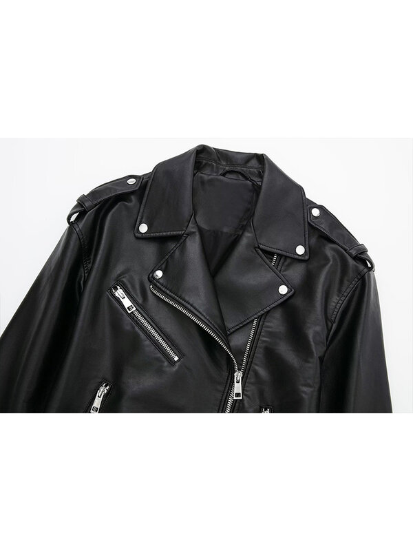 Women 2022 Autumn New Fashion Imitation Leather Loose Jacket Coat Vintage Long Sleeve Zipper Female Outerwear Chic Tops