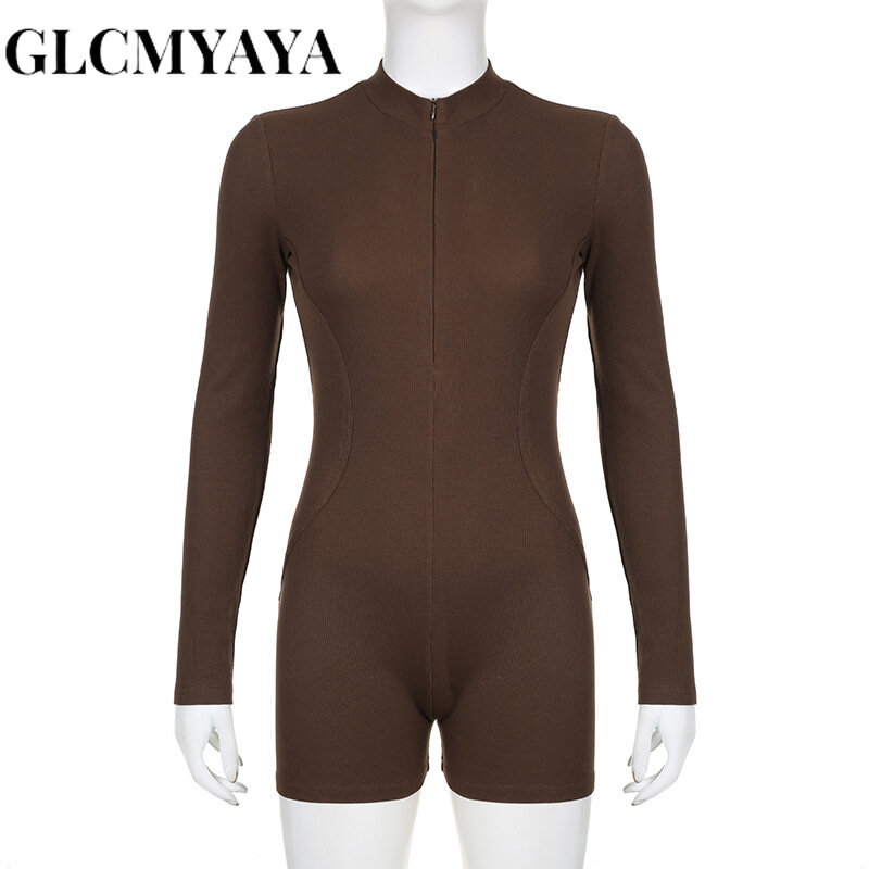 GLCMYAYA-monos ajustados de cintura alta para mujer, petos de manga larga con cuello redondo y cremallera, 2023