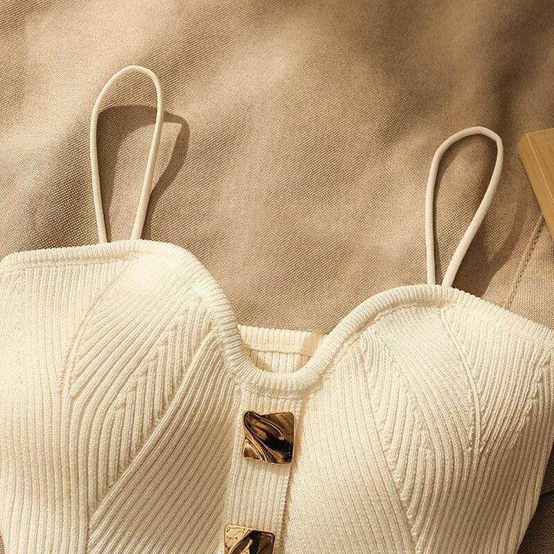 Top feminino macio e elástico de malha, regata elegante, decoração de botão, cintas de espaguete acolchoadas, camisola sem mangas sem costas
