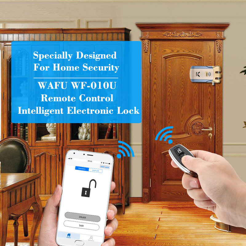 WAFU-Cerradura electrónica 010U para puertas, apertura y cierre inteligente por control remoto sin llave e invisible, desbloqueo accesible mediante app para iOS y Android, 433MHz