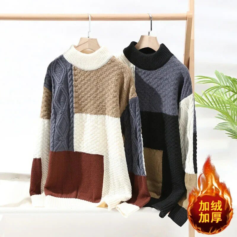 2023 Men's Autumn and Winter New Color-Block Crew Neck Sweater New Youth Casual Trend Sweater