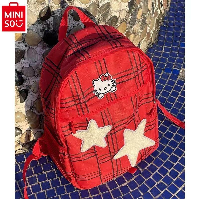 MINISO New San Liou Kitty Checkered Backpack Student Cute Versatile Large Capacity Children's Backpack