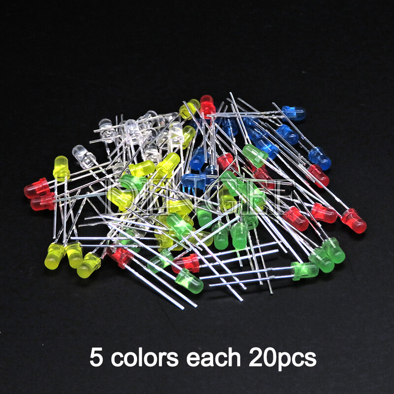 Kit surtido de diodos LED F3 F5 de 3mm y 5mm, 100 piezas, blanco, verde, rojo, azul, amarillo, naranja, rosa, blanco, conector de diodo LED emisor de luz artesanal