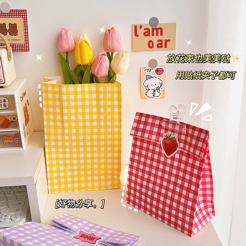 Korean Ins Colored Grid Paper Packaing Bag Cute Chocolate Food Sundries Storage Organizer Home Decor Jewelry Cosmetics Gift New
