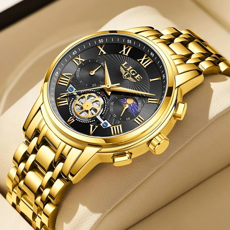Часы наручные LIGE Мужские кварцевые с хронографом, брендовые Роскошные модные спортивные водонепроницаемые золотистые