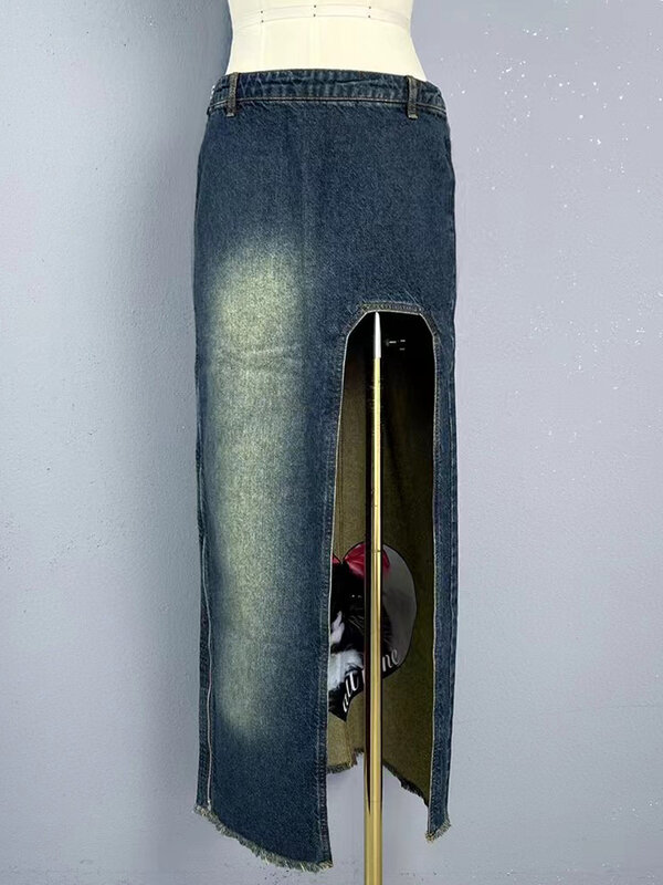 Falda de mezclilla de cintura alta para mujer, falda de diseño vintage con lavado, forrada, estampada, irregular, de lujo, nueva moda, verano 2024