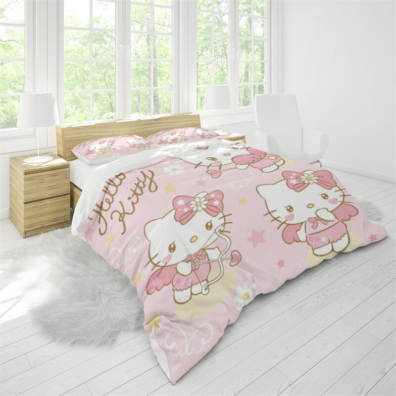 Cartoon Anime 3D Digital Printing Hello Kitty Colorful Bedding Duvet CoverCartoon Pattern Universal Children Room Decoration