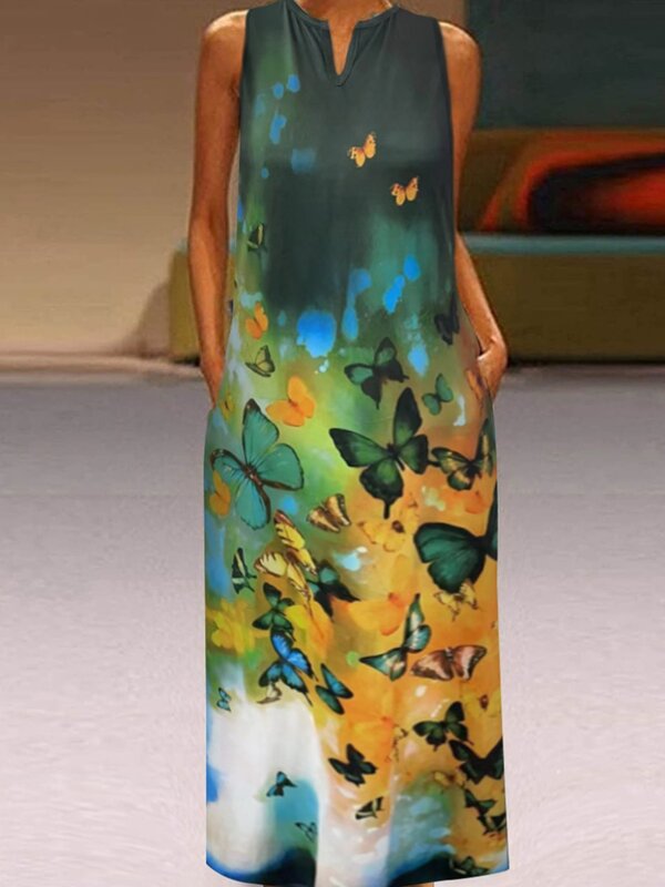 LW Dress desain saku motif kupu-kupu wanita, pakaian pantai tanpa lengan, Gaun maxi longgar musim panas