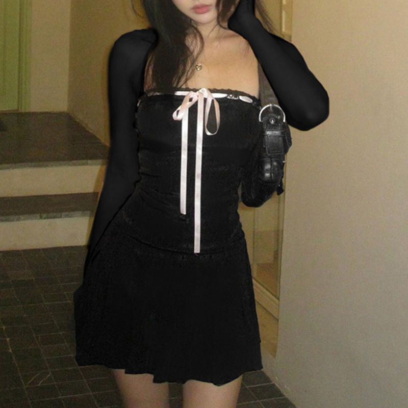 HOUZHOU-vestidos negros elegantes para mujer, Mini vestidos cortos ajustados con mangas, Vintage, Y2k, pliegues