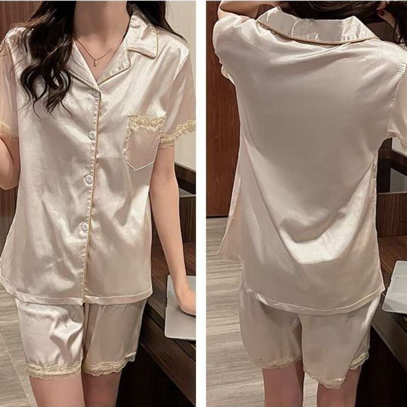 Ice Silk Pajamas Set Women's Summer Thin Short Sleeves Loungewear Latest Online Celebrity Cardigan Home Service Two-piece Suit