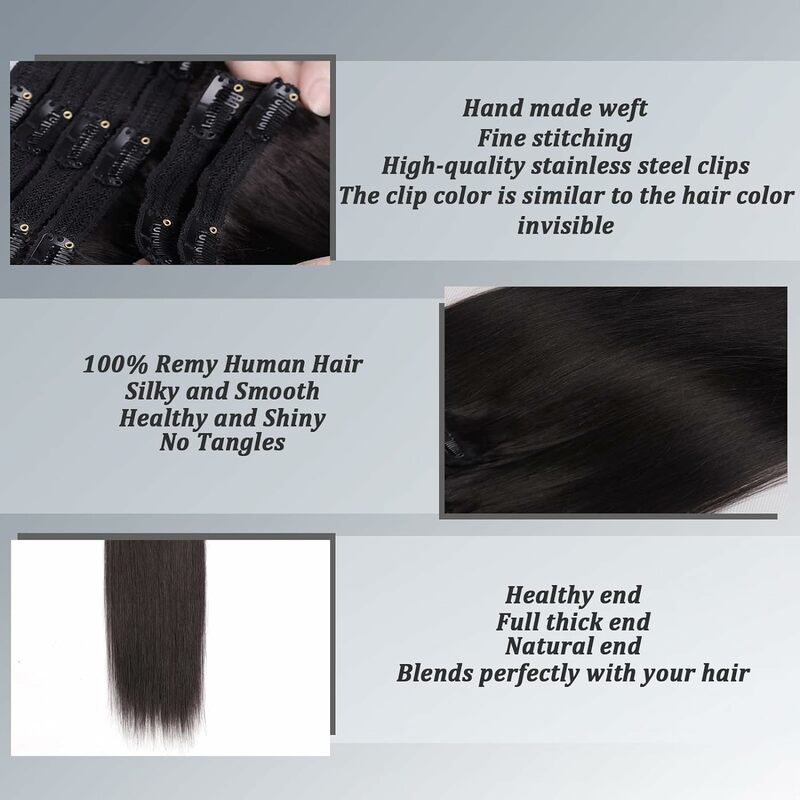 Extensiones de cabello humano liso con Clip, extensiones de cabello Natural 100%, trama de piel sin costuras, piezas de cabello con Clip