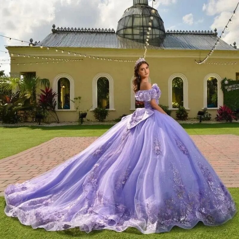 Graceful Off The Shoulder Quinceanera gaun bola Glitter payet manik-manik gaun Prom ungu panjang dengan busur manis 16 gaun Vestidos