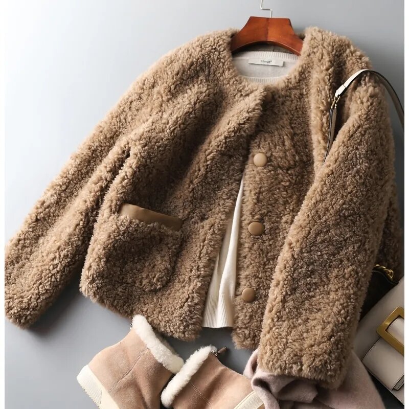 여성용 빈티지 모조 램스울 재킷, 라운드 넥, 대형 포켓 코트, 겨울 재킷, 한국 패션 상의, 신상