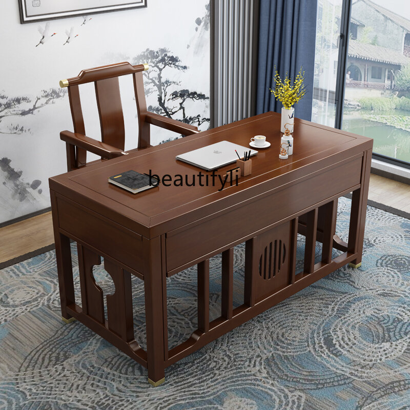 Style Solid Wood Desk Office Computer Integrated Table Ebony Furniture Light Luxury Writing Calligraphy and Painting Table