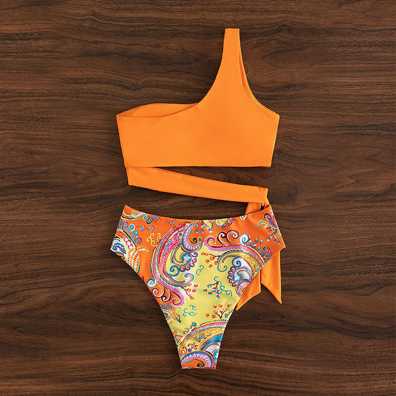 Women Summer Fashion Sexy Solid Color Printed One-Shoulder One-Piece Swimsuit Bikini With A High Waist