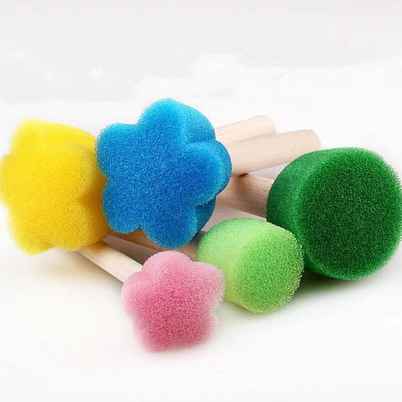 5Pcs Sponge Stamp Stick Flower Pattern Painting Stamp For Kids Wooden Handle Non-toxic Kids DIY Painting Stencils Arts Tool