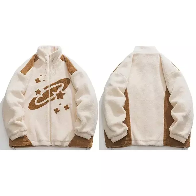 Hip Hop Streetwear Coat Fleece Stars Space Harajuku Jacket 2023 Men Winter Zipper Up Turtleneck Outwear