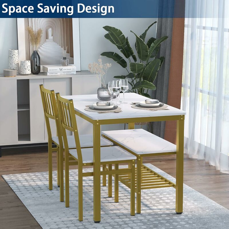 Dining table (4 people set) Computer desk, kitchen table, 2 chairs and a bench, white marble + gold frame