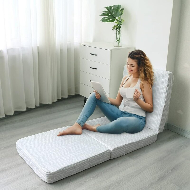 Foldable Mattress, Trifold 4-Inch for Futon Mattress with Cooling Mattress Topper Cover, Removable & Machine Wash, White