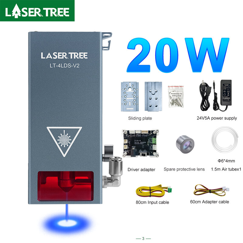 LASER TREE V2 cabezal láser de potencia óptica, módulo de luz azul TTL con asistencia de aire, herramientas de grabado y corte de madera DIY, 20W