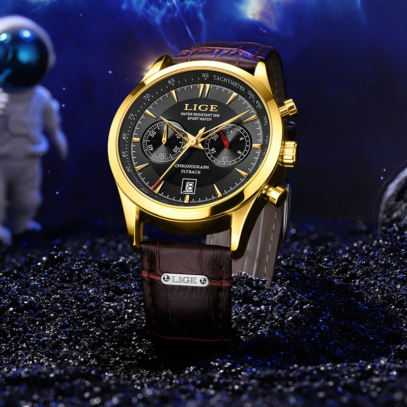 LIGE-Relógio de pulso com mostrador grande impermeável masculino, Pulseira de couro, Relógios masculinos, Luxo, Data