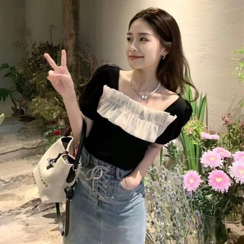 Blouses Women Patchwork Elegant Ladies Slim Summer Design Square Collar Daily Simple Fashion Korean Style Casual Cozy All-match