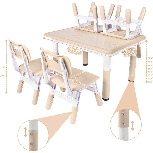 DOREROOM Height-Adjustable Kids Table and 4 Chairs Set, Toddler Table and Chair Set with Graffiti Desktop