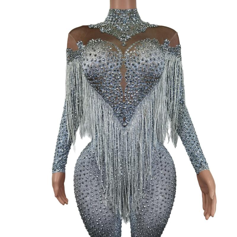 Блестящий Комбинезон с кристаллами, яркое серебряное боди с бахромой, Женский праздничный роскошный костюм, эластичный комбинезон Yiwan