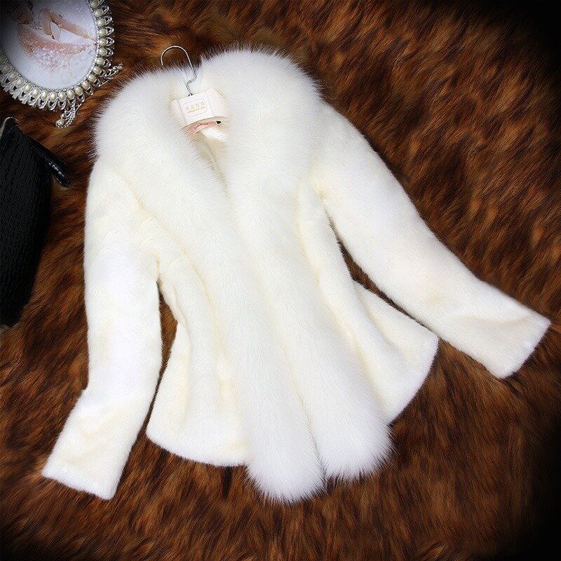 Winter New 2023 Women Mink-like Fur Coat Imitation Fox Fur Collar Slim Short Outwear Female Fashion Thicken Warm Casual Outcoat