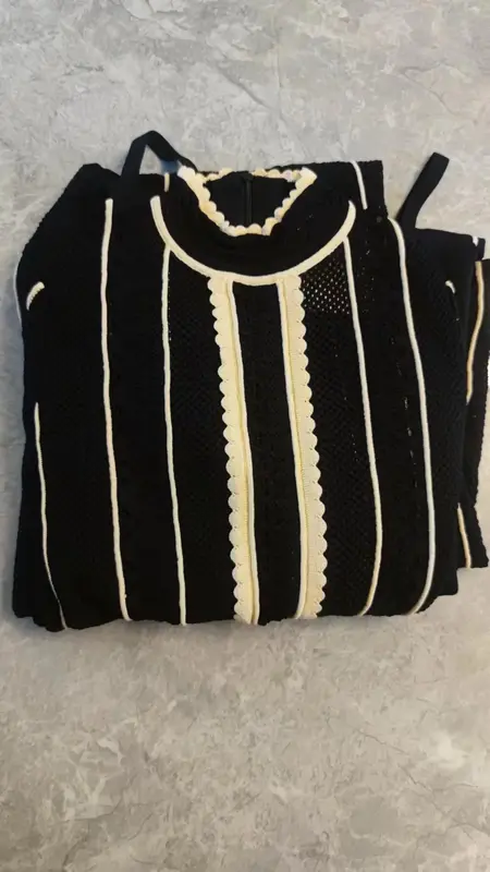 Black Stripe Knit Dress 2024 Spring Women Elegant Full Sleeve Hollow Out Dresses 2 Piece