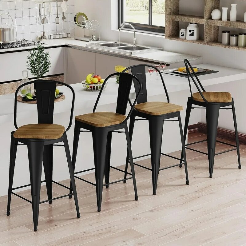 LRTworld 24-calowe obrotowe stołki barowe przemysłowe metalowe stołki barowe z wysokim oparciem jadalnia krzesła barowe stołki na ladę z drewnianym