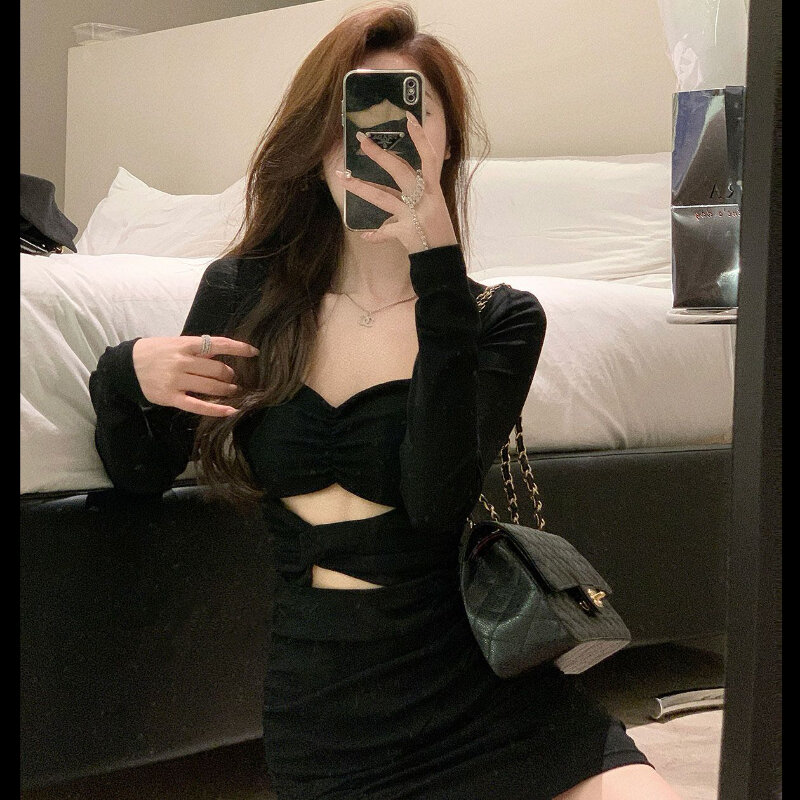HOUZHOU Sexy Bodycone donna abiti nero Mini manica lunga abito da festa corto collo quadrato Slim Vintage Casual Y2k elegante coreano