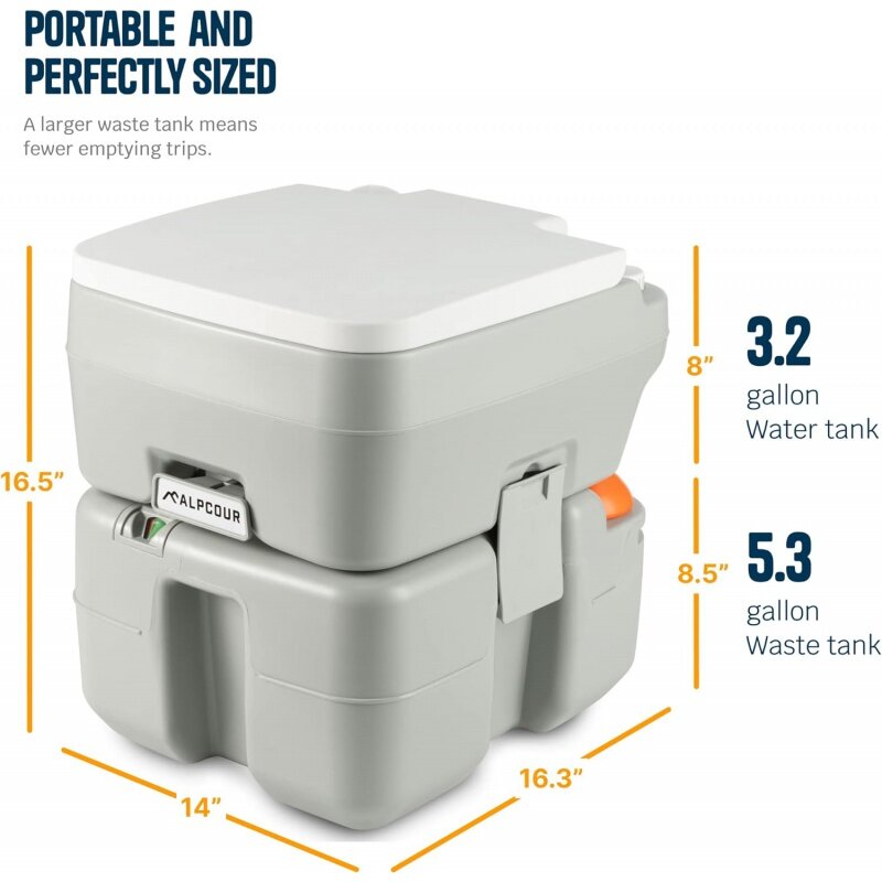 Alpcour-Toilette portable, Commode intérieure et extérieure compacte avec sac de voyage pour le camping, montres, pompe à piston de bateau, chasse d'eau, 5.3 gallons