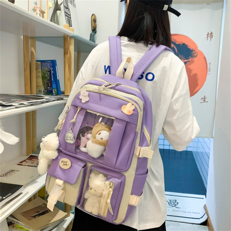 5 Pcs Set Girls Backpack Student Schoolbag Teenager Shoulder Bag Book Bag Pencil Case Women Large Capacity Travel Backpack