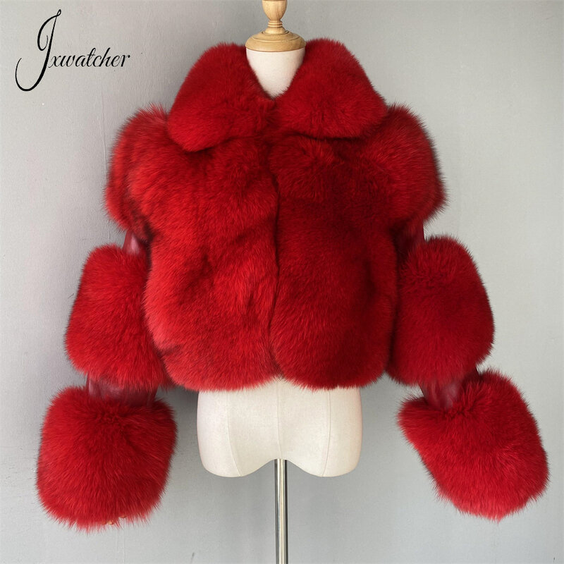 Jxwatcher-Casaco de Pele Real Fox para Mulheres, Patchwork, Couro Genuíno, Jaqueta de Moda Vermelha, Casacos Quentes, Outono, Inverno, Novo, 2023