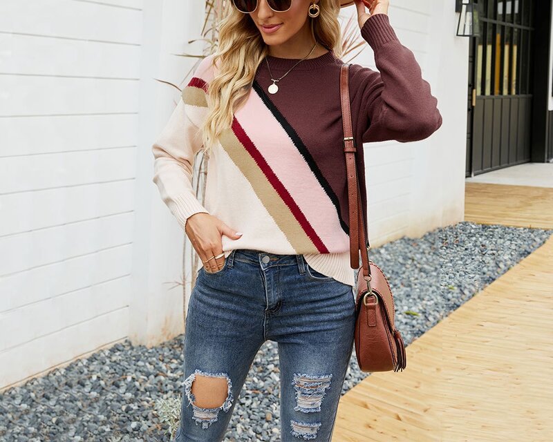 Autunno e inverno moda donna Stripe Color Contrast t-shirt girocollo Pullover maglione