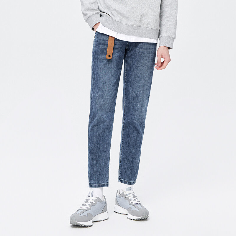 Semir Men Jeans Autumn American Style Retro Belt Design Trendy Fit Small Feet Commuter Trousers for Men