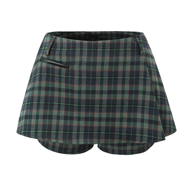 Mini-saia xadrez verde vintage feminina com shorts, estilo formal, kawaii, vintage, moda coreana, verão, 2024