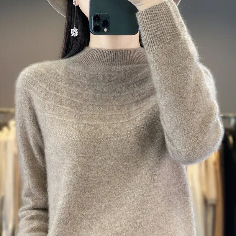 Women's Autumn Winter New Long Sleeve Solid Half High Neck Hollow Out Fashion Korean100Cashmere Wool Knit Pullover Basic Sweater