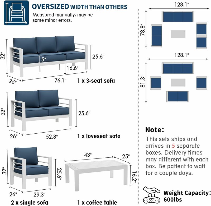 Set furnitur teras aluminium ukuran besar, Set Sofa bagian luar ruangan teras logam Modern dengan bantal 5 inci