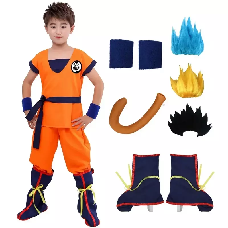 Halloween dla dorosłych dzieci garnitury Son Goku Gui karnawał Anime Cosplay kostiumy świąteczne z ogonem Wrister peruka turkusowo-złota sukienka dla dzieci